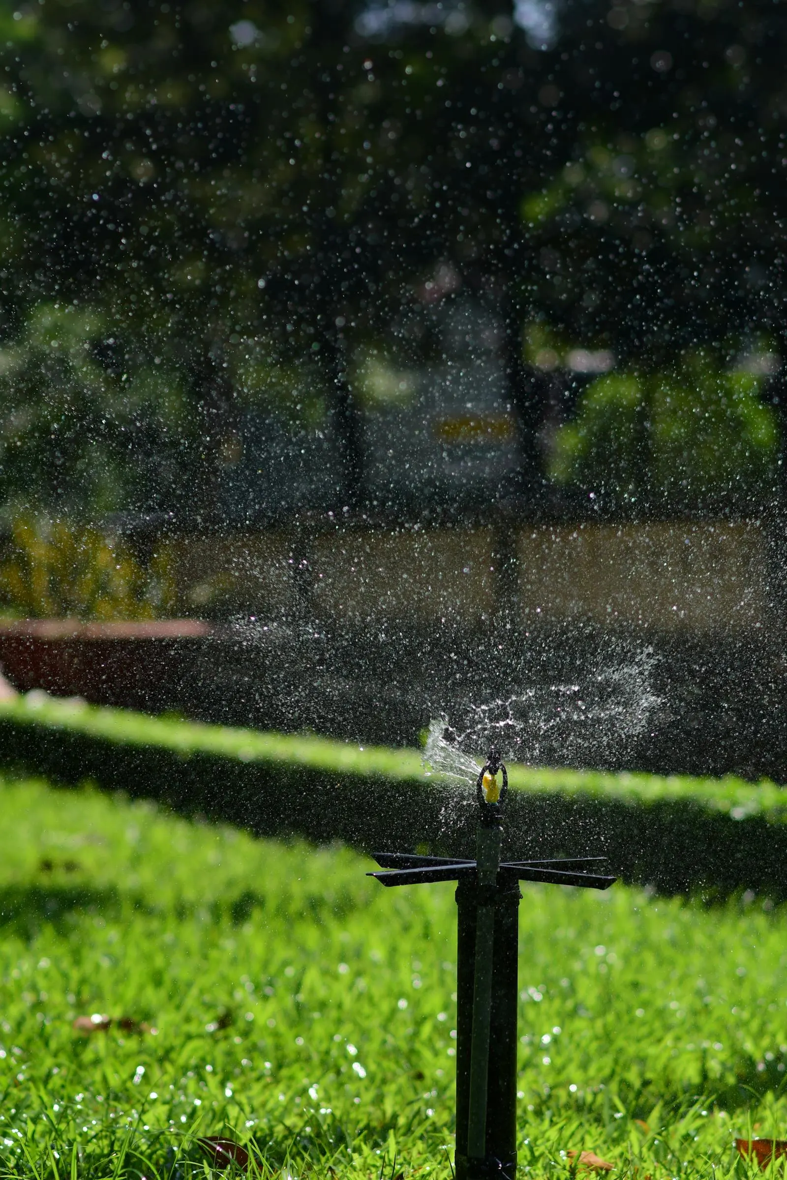 Drip-and-spray irrigation working a low-desert planting bed at golden hour after a Murillo & Sons tune-up.